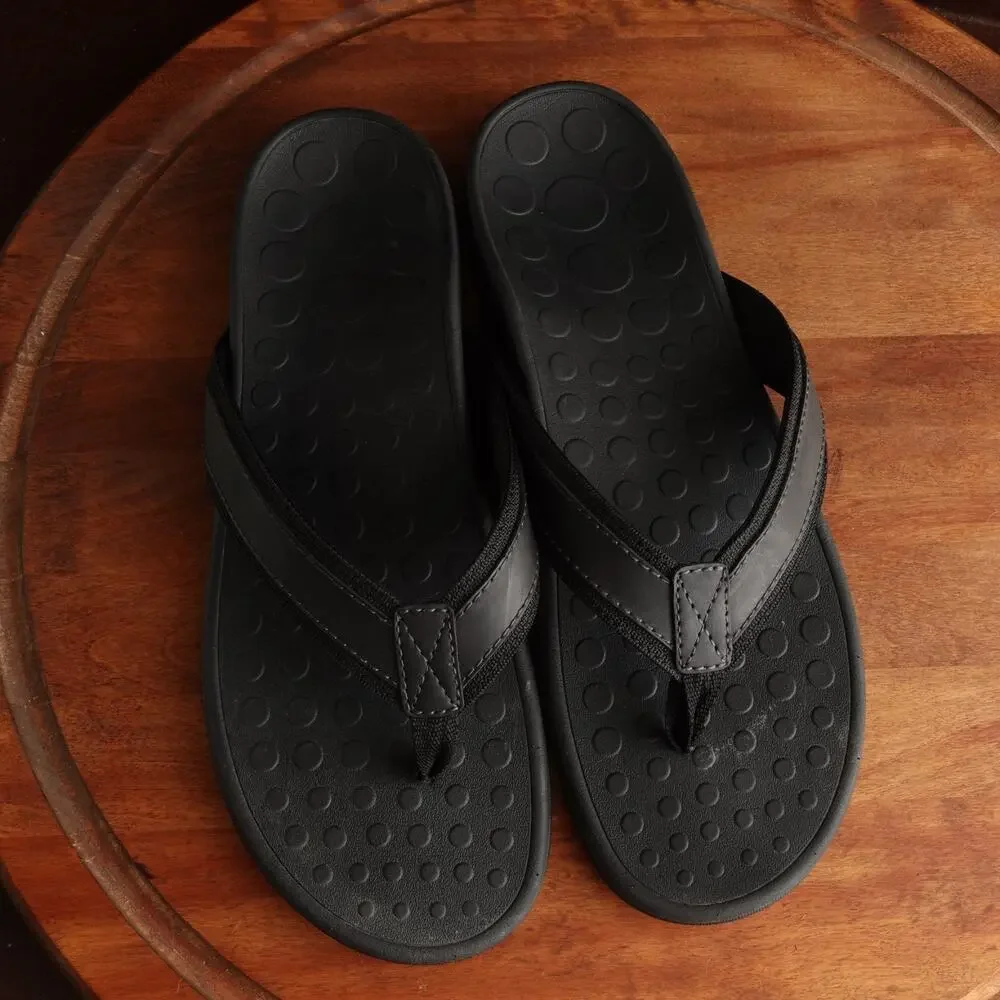 Vionic Sandals Mens Size 14 BLK Tide Leather Thong Flip Flop Comfort Beach Shoes